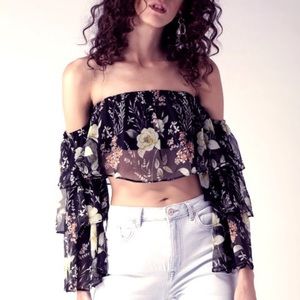 New Women Black & Green Floral Print Top